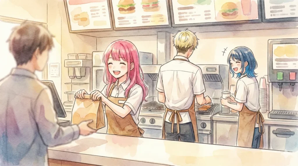 多様な髪色のスタッフが明るく接客や調理を行う自由な労働環境のイメージ