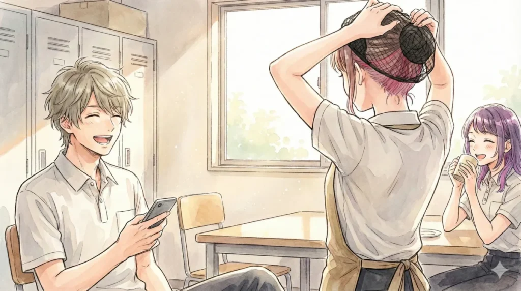 休憩室でヘアネットを使い派手髪を適切にまとめるスタッフと交流のイメージ