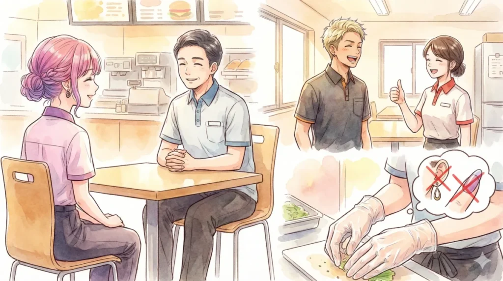 面接での髪型工夫やネイル・ピアスの禁止ルールを確認する場面のイメージ