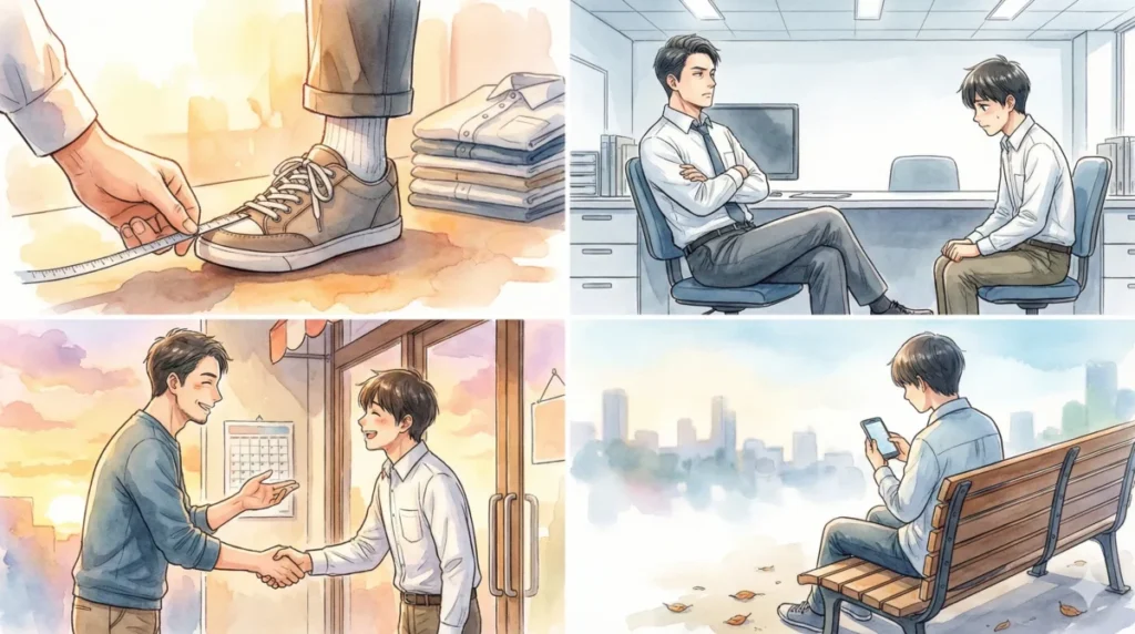 面接官による備品サイズの確認や、反応の薄さから合否の兆候を読み取る場面におけるイメージ