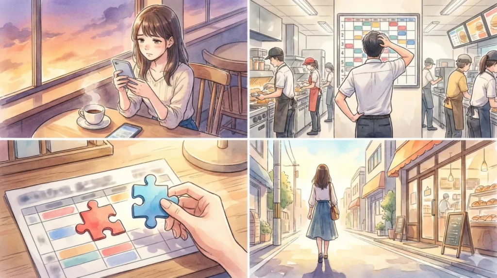 希望する勤務時間枠と店舗側の空き状況が合致しないことによる不一致が発生しているイメージ