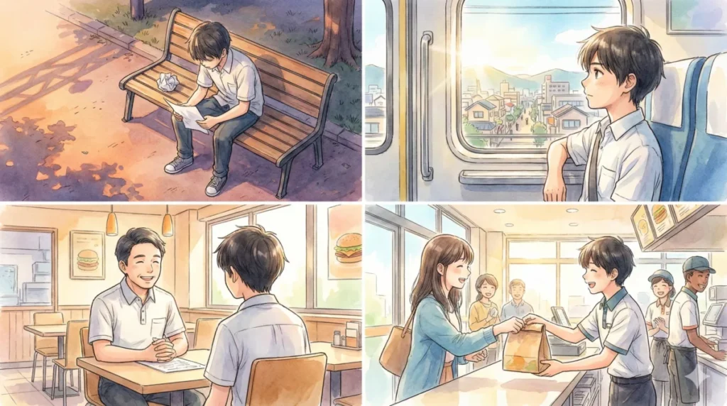 不採用通知を受けた後に気持ちを切り替え、別の店舗への再挑戦や新たな環境を目指すイメージ