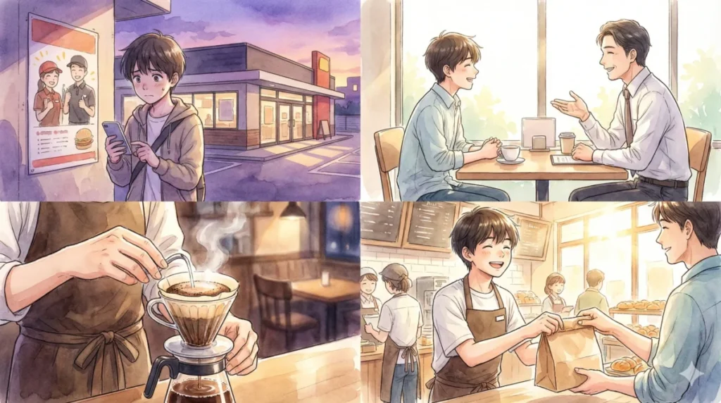 過去の選考結果を気にせず、別の運営形態の店舗や異なる接客スタイルの職場を探す際のイメージ